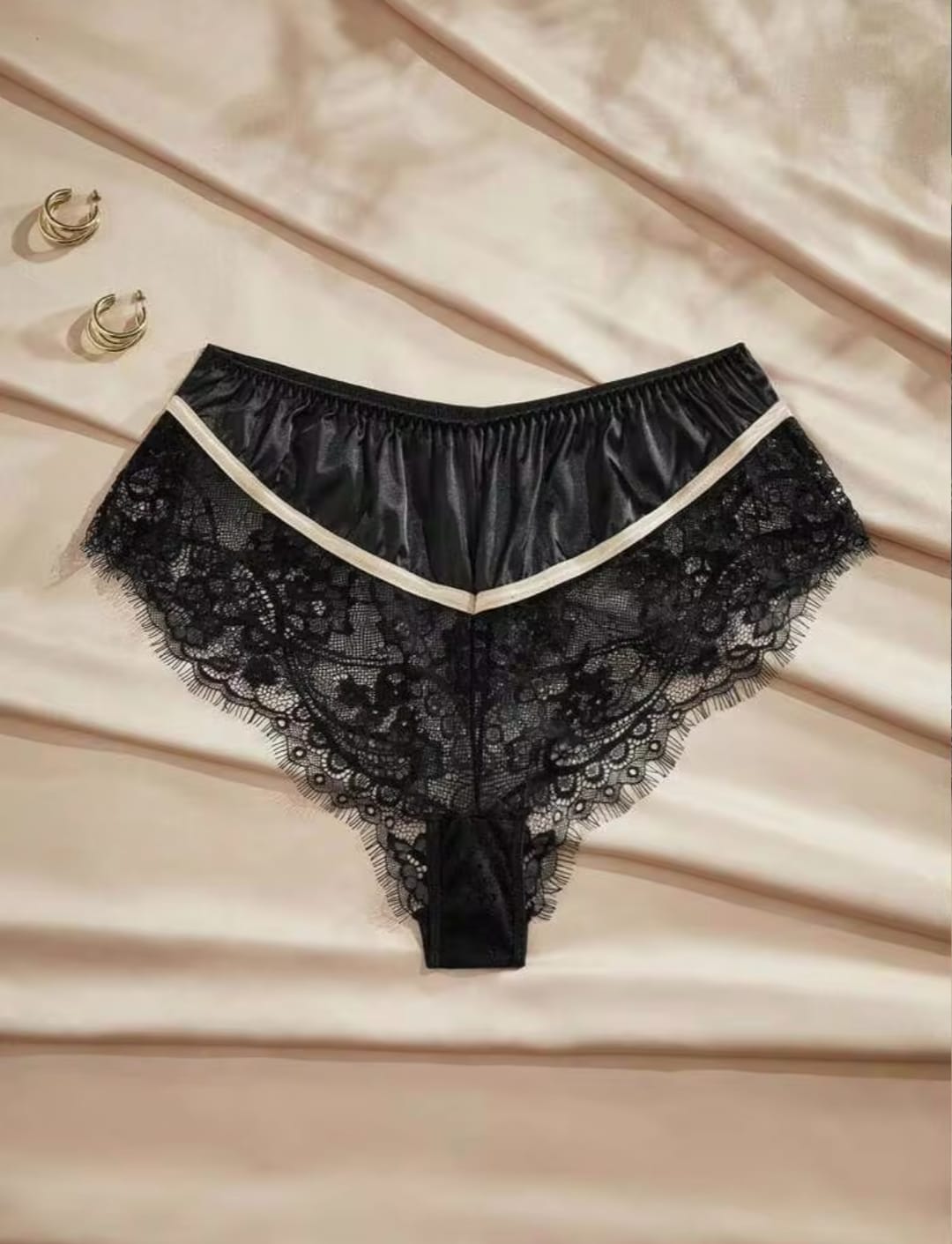 Women's Black Satin & Eyelash Floral Lace High-Waisted Lingerie Shorts / French Cut Briefs